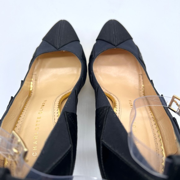 CHARLOTTE OLYMPIA Heels Womens 37 Black Gold Satin Pump Platform Ankle Strap - Picture 13 of 15